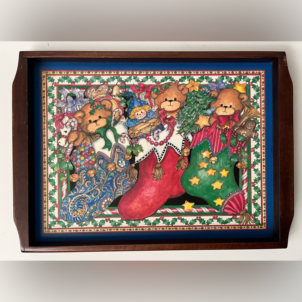 Vintage Holiday Lucy Riggs 1991 Festive Bear Stocking Wooden Tray w/Felt Bottom